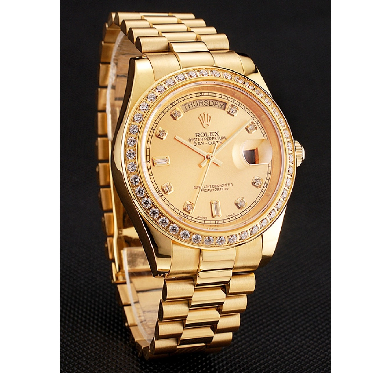 AAA replica watch Diamond Bracelet Swiss Dial 1454099 Day-Date Rolex Gold Champagne Bezel 0701